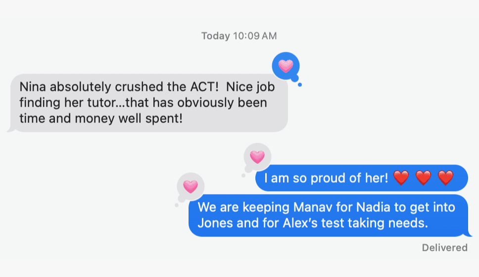 Text messages celebrating Nina's 34 ACT score and the impact of her test preparation